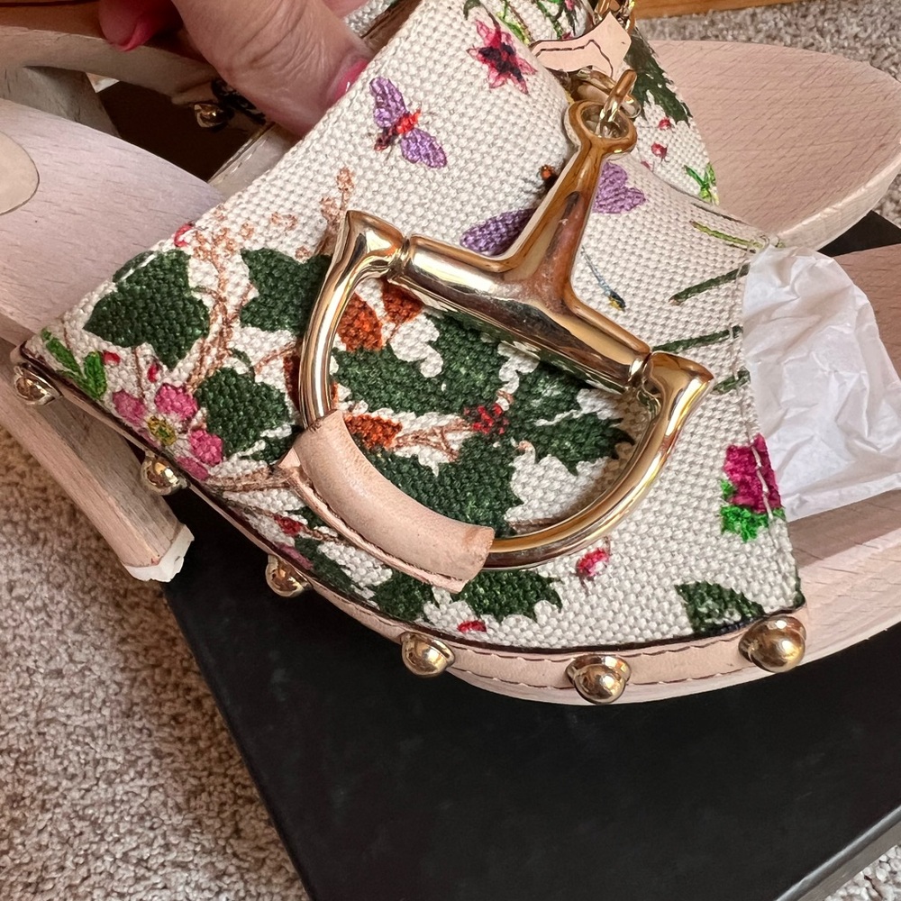 Gucci Floral Canvas Wooden Heels Women’s Size 8 Cream Floral Print Pattern - Picture 12 of 15